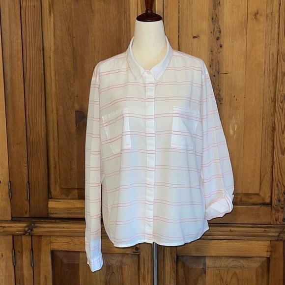 Cato Tops - CATO White & Coral Pink Striped Cotton lightweight blouse Sz. XL